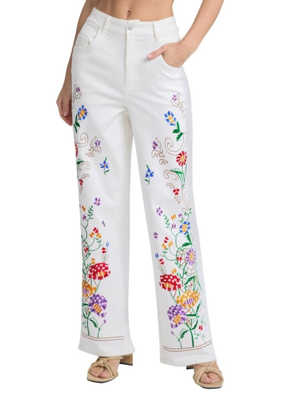 Women's Floral Embroidered Jeans Mid Rise Wide Leg Baggy Cotton Denim Pants Cute